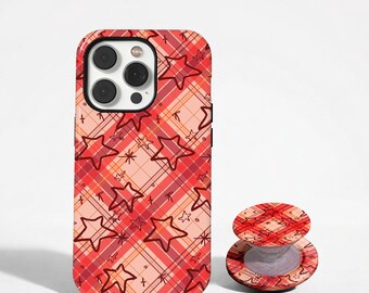 Funda para teléfono con estampado de estrellas y cuadros rojos, funda estilo preppy Y2K con tartán, funda MagSafe, funda protectora moderna y atractiva, iPhone 17 16 15 14 13 12, Samsung S26