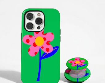 Green Flower Phone Case, Pink Polka Dot Daisy Cover, Bold Retro Floral Case, iPhone 17 16 15 14 13 12 11 Pro Max, Samsung S26 S25 S24 S23