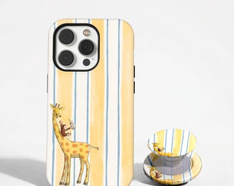 Giraffe Monkey Phone Case, Yellow Striped Safari Cover, Whimsical Storybook Animal, Funny Monkey Stripes Phone Case, iPhone 17, Samsung S26