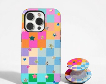 Colorful checkered Star Case For iPhone 17 16 15, iPhone Case for 14 13 12 Pro Max, Matte/Glossy 14 15 Plus Case, Samsung S26