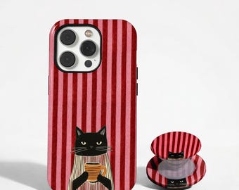 Retro Black Cat Phone Case: Cozy Minimalist Cover, Red Pink Stripe Quirky Aesthetic, iPhone 18 17 16 15 14 13 12 11, Samsung S26 S25 S24 S23