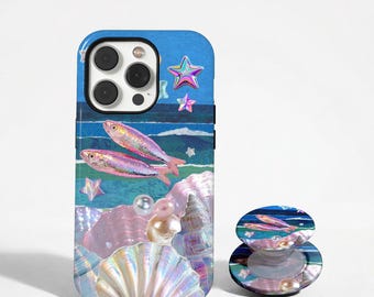 Pearl Seashell Mermaidcore Phone Case, Elegant Print, Iridescent Fish Phone Case, iPhone 17 16 15 14 13 12 11 Pro Max, Samsung S26 S25 S24