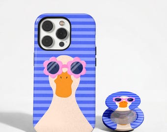 Funny Duck Phone Case, Flower Sunglasses Goose Cover, Blue Striped Kawaii Animal Case, iPhone 17 16 15 14 13 12 11, Samsung S26 S25 S24 S23