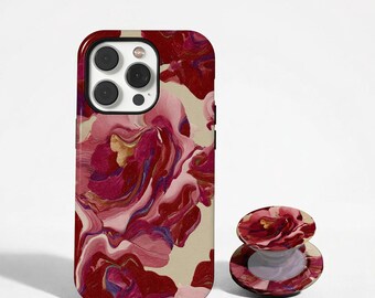 Abstract Pink Floral Phone Case, Burgundy Painted Flower Cover, Maximalist Oil Paint Art Case, iPhone 17 16 15 14 13 12 11, Samsung S26 S25