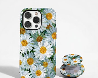 Daisy Mosaic Phone Case, White Floral Tile Art Cover,  Ceramic Style Flower Design, iPhone 17 16 15 14 13 12 11 Pro Max, Samsung Galaxy S26
