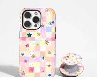 Cute Checkered Star iPhone Cover, Y2K Pastel Rainbow Plaid Star Case For iPhone 17 16 15 14 13 12 + Magnetic, Samsung S26 S25 S24 S23 Ultra
