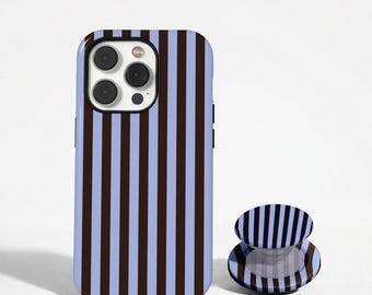 Brown and Blue Striped Phone Case, Retro Preppy Minimal Design, Mod Graphic Aesthetic, Glossy Slim or Tough Cover, iPhone 17, Samsung S26