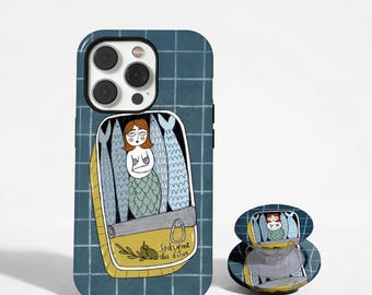 Mermaid Sardine Phone Case, Whimsical Ocean Tin Cover, Vintage Nautical Grid Art Design, iPhone 17 16 15 14 13 12 11 Pro Max, Samsung S26