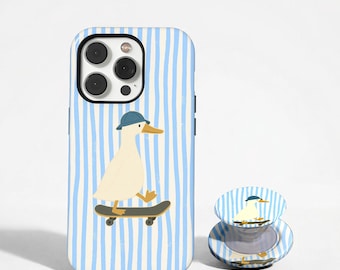 Duckling Phone Case Simple Minimalistic Animal Cover, Skateboarding Duck Phone Case, Blue Striped Cover, iPhone 17 16 15 14 13, Samsung S26