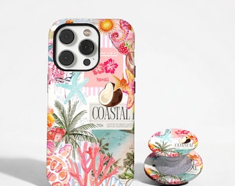 Coastal Beach Collage Coquette Phone Case,Summer Coconut, Hibiscus Vibes ,Compatible With Magsafe,For iphone 17 16 15,SamsungS25 S26,Magsafe