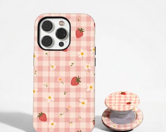 Funda para teléfono con estampado de cuadros de fresa, funda floral de margaritas rosas, estética coqueta y dulce estilo cottagecore, iPhone 17 16 15 14 13 12 11, Samsung S26 S25