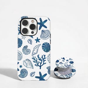 Blue Seashell Phone Case, Coastal Ocean Life Cover, Summer Beach Aesthetic, iPhone 17 16 15 14 13 12 11 Pro Max, Samsung S26 S25 Ultra