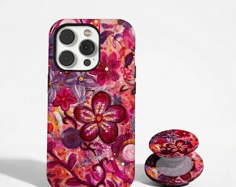 Pink Floral Phone Case, Abstract Painted Flower Cover, Boho Maximalist Botanical Case, iPhone 17 16 15 14 13 12 11, Samsung S26 S25 S24 S23