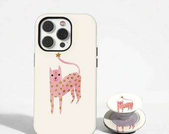 Party Cat Phone Case, Pink Star Cat Phone Case, Cream Minimalist Kitty Cover, iPhone 17 16 15 14 13 12 11 Pro Max, Samsung S26 S25 S24