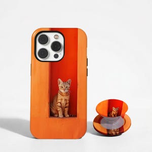 Handyhülle mit orangefarbener Tabby-Katze, Fensterhülle mit roter Katze, minimalistische Hülle in leuchtendem Orange, passend für iPhone 17, 16, 15, 14, 13, 12, 11 und Samsung S30, S26, S25, S24
