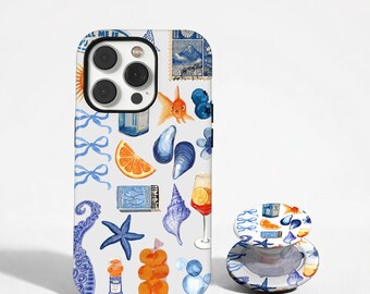 Ocean Seashell Phone Case, Blue Nautical Collage Cover, Vintage Beach Art Case, Starfish Cocktail Summer, iPhone 17 16 15, Samsung S26 S25