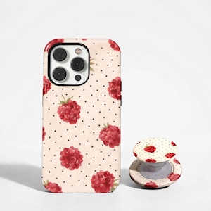 Funda para teléfono con diseño de frambuesa, funda vintage con lunares de bayas, estética dulce y campestre con frutas, iPhone 17 16 15 14 13 12 11 Pro Max, Samsung S26 S25