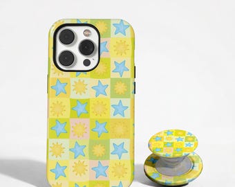 Funda para teléfono con estampado de estrellas a cuadros, estilo Y2K, adorable y celestial, regalo genial para chicas. Compatible con iPhone Pro Max 17 16 15 14, Samsung Galaxy S26 y Google Pixel.