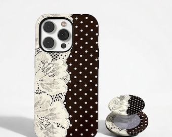 Coque de portable en dentelle marron à pois, coque coquette vintage, bordure en dentelle crème motif sombre, coque antichoc en dentelle française, iPhone 17, Samsung S26
