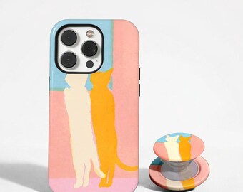 Funda para teléfono con diseño de gatos en tonos pastel, funda con dos gatos abstractos en rosa, funda minimalista y original, compatible con iPhone 17, 16, 15, 14, 13, 12, 11 Pro Max y Samsung S26, S25 Ultra.