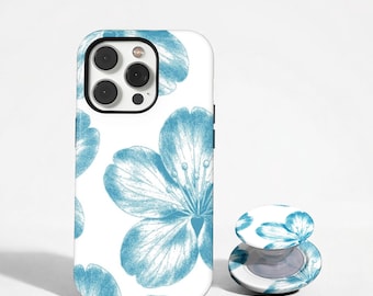 Blue Floral Phone Case, Vintage Botanical Flower Cover, Minimalist White Blossom Case, iPhone 17 16 15 14 13 12 11, Samsung S26 S25 S24 S23