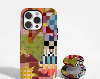 Retro Patchwork Phone Case, Colorful Geometric Quilt Cover, Eclectic Checkerboard Star Case, iPhone 17 16 15 14 13 12 11, Samsung S26 S25