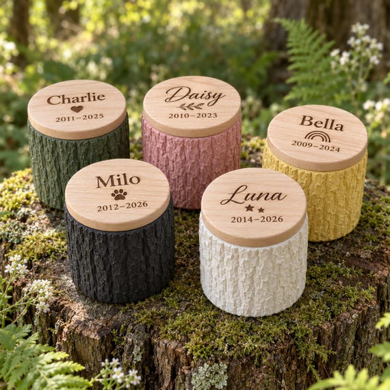 A custom-engraved pet memorial urn shaped like tree bark with a wooden lid — deeply personal, genuinely artisan-crafted, and nothing like what you'd find in a big-box store.