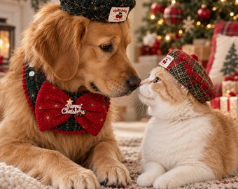 Christmas Pet Outfit, Dog Christmas Bow Bib, Cat Holiday Collar, Plaid Pet Beret, Festive Dog Costume, Christmas Pet Accessories