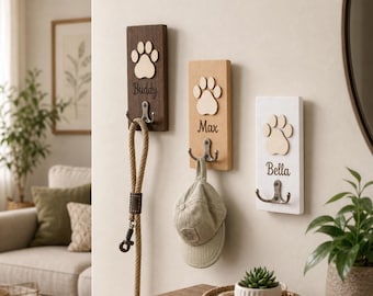 Porta guinzaglio per cani in legno personalizzato, gancio con nome e zampa personalizzabili, appendi collare per animali domestici, decorazione in stile rustico