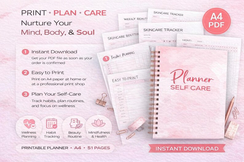 Self Care Planner Printable | Wellness Journal, Habit Tracker (A4 PDF ...