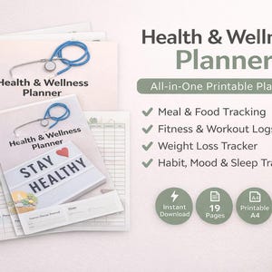 Puede incluir: Una pila de planificadores imprimibles de salud y bienestar con un estetoscopio y el texto "Health & Wellness Planner". El planificador incluye el seguimiento de comidas, registros de ejercicios y un rastreador de pérdida de peso. Un letrero dice "STAY HEALTHY".