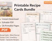 Printable Recipe Card Bundle | Kitchen Planner, Grocery List (PDF Download)