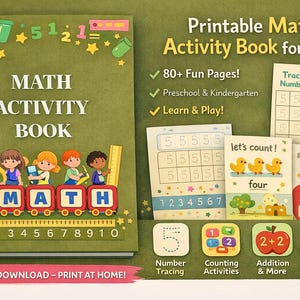 May include: A green math activity book for kids with the title "Math Activity Book". The cover features children on a train with the word "MATH". Includes tracing, counting, addition, and puzzle activities. The book has over 80 pages.