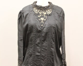 Victorian Mourning Blouse, Victorian Mourning Shirt Waist, Antique Black Shirt with Black Lace Collar and Deep V, Black Victorian Shirtwaist