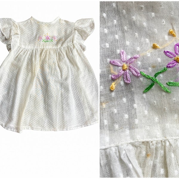 1960s Dotted Swiss Sheer Baby Dress, Purple and Yellow Embroidered Detailing, Ruffled Short Sleeves, Fit and Flare 1960s Button Up Back