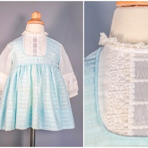 1960s Baby Blue Embroidered Girls Long Sleeve Dress, Lace Crew Neck Collar, Vintage Youndland Children&#39;s Dress, Fit and Flare, Sheer Sleeves