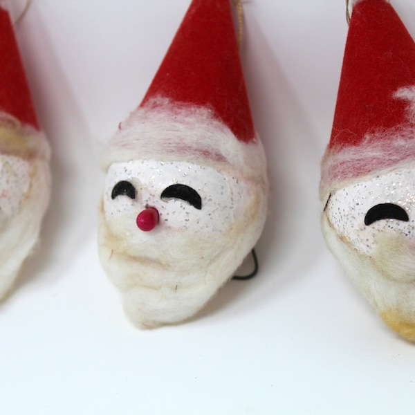 Mid Century Santa, Set 3 Dime Store Paper Mache Santa Ornaments, Vintage Paper Mache Glitter Santa Ornaments, Mid Century Santa Ornament Set