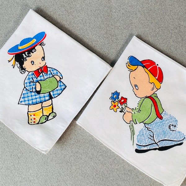 Pair Children's Handkerchiefs, Girl and Boy hankie, 50s kids accessory