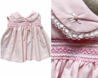 1960s Smocked Powder Pink Baby Dress, Peter Pan Collar, Lace Detailing, Vintage Children's Dress, Ribbon Rose and Decorative Bow, Button Up
