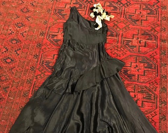 1930s Black Silk Formal Gown, As Is Silk White Flower, Asymetrical One Shoulder, Hand Sewn Flowers, Repair Piece, Historical, Antique Dress