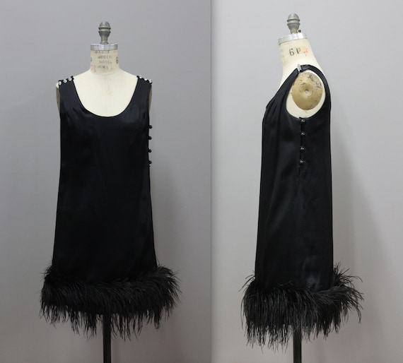 Feathered Flapper Costume, Black Satin 1960's Cock