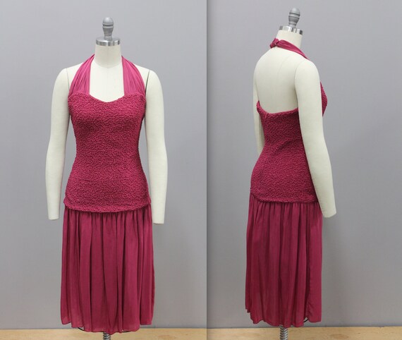 Vintage Drop Waist Smocked Cocktail Dress, Fuschia