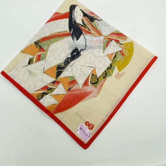 Japanese Motif Linen Handkerchief, Geisha Girl Ha… - image 2