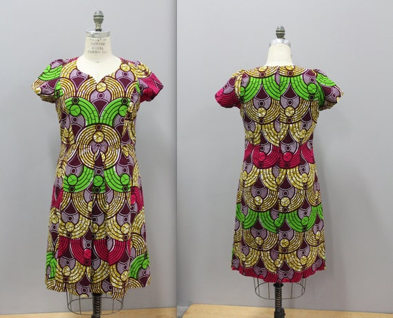 Vintage African Wax Print Dress, Maroon Tribal Dre