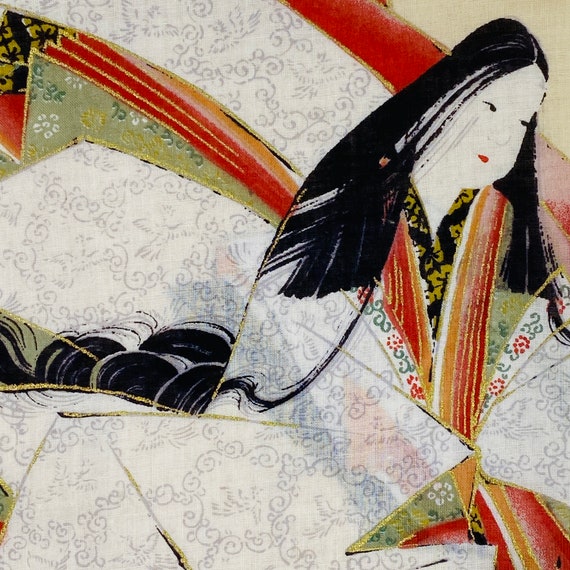 Japanese Motif Linen Handkerchief, Geisha Girl Ha… - image 9
