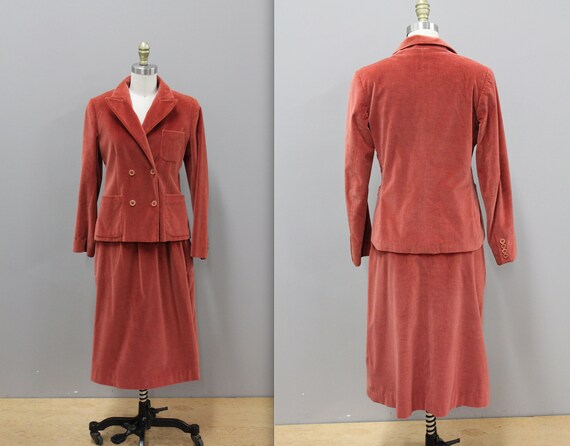 Vintage Coral Velvet Skirt Suit Set, Vintage Velve