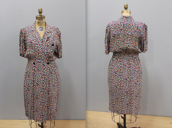 Vintage 1980s Funky Printed Wrap Day Dress, 1980s