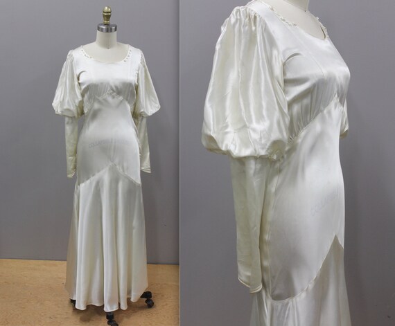 1930s Satin Bridal Gown with Leg Of Mutton Sleeves