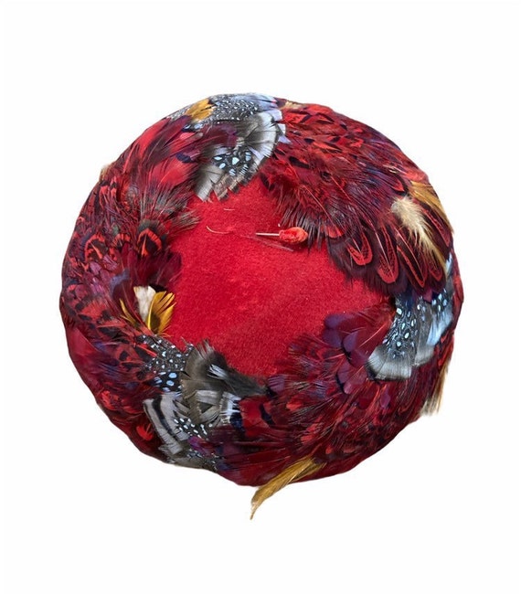 1960's Vibrant Red Feathered Hat, Multicolor Feath