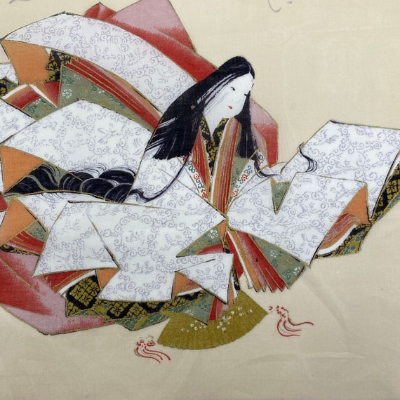 Japanese Motif Linen Handkerchief, Geisha Girl Ha… - image 6